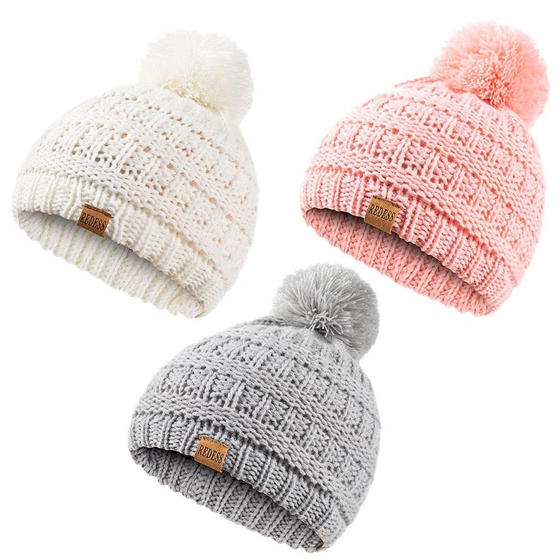 REDESS Baby Kids Winter Warm Hats, Infant Toddler Children Pom Pom Beanie Knit Cap Girls Boys - Image 1